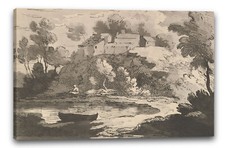 Tela/Cornice Imitazioni di disegni moderni - Hilly River Landscape, una barca n