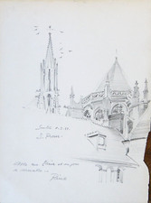 Église Saint Pierre de SENLIS Dessin crayon de Rino FERRARI (1911-1986)