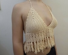 top trendy  cotone fatto a mano uncinetto taglia L beige crema made  italy mare