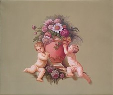 dipinto ad olio con putti - bambini con vaso di fiori - dipinto a mano