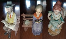 tris statuine Capodimonte vecchietti e dama con ventaglio