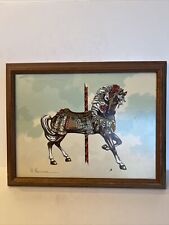 Dipinto olio serigrafia incorniciata cavallo giostra firmata H. Hargrove 18”x 15” vintage