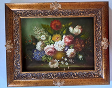 QUADRO FIORI DIPINTO SU TELA CORNICE foglia oro +FREGI MIS.EST.45X55 C62 D62