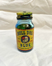VINTAGE BULL DOG BLUE GLASS JAR LAUNDRY BLUING EMPTY