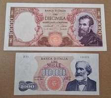 DIECIMILA 10000 LIRE MICHELANGELO E MILLE 1000 LIRE VERDI 1° TIPO REPUBBLICA...