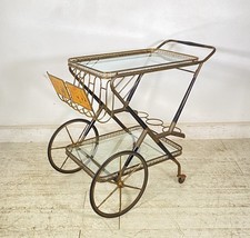 ANTICO CARRELLO BAR DESIGN PORTAVIVANDE ANNI 50 LEGNO OTTONE CARRELLINO VASSOIO