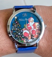 Orologio da polso a tema natalizio con cinturino in similpelle blu lucido,unisex
