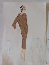 Figurino di moda anni 50-60 disengato e colorato a mano con cartamodello