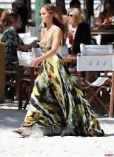 Camilla Maxi Resort abito lungo svasato verde scollo a V seta Swarovski tagli...