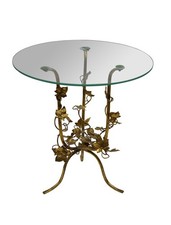 Tavolino italiano Hollywood Regency rotondo metallo dorato foglia edera vetro 18"