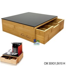 CASSETTO CONTENITORE PORTA CAPSULE CIALDE CAFFE' IN BANBOO E RIPIANO VETRO