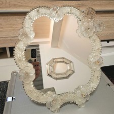 Specchio Vanità Vintage Artigianale Vetro Fiori, Angolo Regolabile Supporto Legno