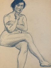 Disegno 1910 Nudo Accademico Mine Piombo Blu Arte Antico Donna Matita Ritratto