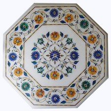 Piano D'Angolo In Marmo Bianco 18" Inlay Pietra Dura Arte Per Casa E Giardino
