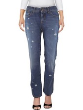 Jean Paul Gaultier Pantalone Jeans Donna Blu Denim Gamba Dritta Abrasioni Stone