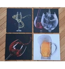 4 QUADRETTI STAMPA SU VETRO-BICCHIERI DI VINO/BIRRA/DRINK-GLASS PICTURES-BAR PUB