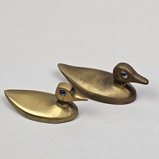 Statuetta vintage in ottone di anatra, germano reale, fermacarte, set di due