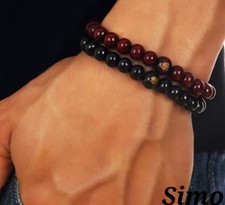 BRACCIALE UOMO DONNA LEGNO BUDDHA CHAKRA MALA ROSARIO  NERO BORDO' REGALO SCONTI