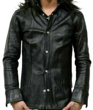 Giacca camicia uomo 100% morbida pelle di agnello napa nera maniche lunghe bo...