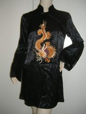 ABITO VESTITO DONNA DENNY ROSE SATIN NERO RICAMO DRAGO CINESE TAGLIA 42