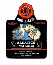 Rara etichetta vintage originale Vino Aleatico Malaga di Pantelleria Geom Errera