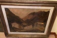 Gaetano Spinelli Dipinto olio Case di montagna 91x71 cm con cornice