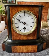 Antique Japy Frères Paris mantel clock, time only, Brocot, burr walnut case