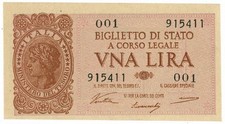 1 LIRA BIGLIETTO STATO LOGOTENENZA VENTURA PRIMA SERIE 001 23/11/1944 qFDS