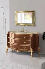 MOBILE BAGNO E SPECCHIO IN LEGNO NOCE E FOGLIA ORO CON TOP IN MARMO