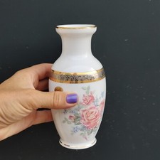 VASO PORCELLANA LIMOGES H-16 Cm white Vase With Flowers Print 22K Gold Vintage