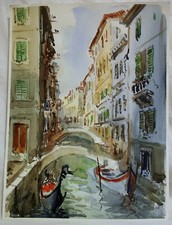 DIPINTO ACQUERELLO Antonello Zecca PAESAGGIO VENEZIA SCORCIO RIO CANALE GONDOLE