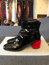 MIU MIU LUSSO STIVALETTI BOOTS BLACK PATENT RED BUCKLE ZIP 39,5 EU 9,5 US 6,5 UK