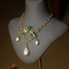 Collier Pendentif Réglable Doré Scarabée Résine Jade Vert Perle Culture QD3