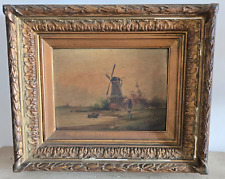 Antico Quadro Dipinto su Tavola Mulino Cornice in Legno d'Orata del I 900