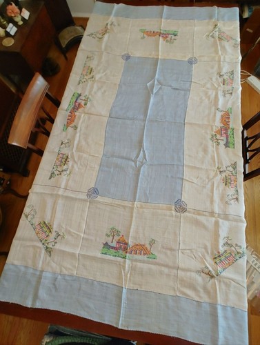 Hand embroidered blue cream - hand-embroidered,