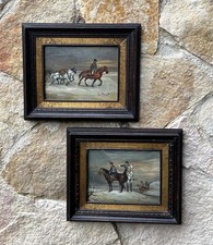 Coppia Di Quadri Vintage, Miniature Dipinte A Olio Su Rame