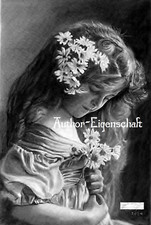 RITRATTO VOLTO BAMBINA CON FIORI originale disegno carbone 24x33 cm