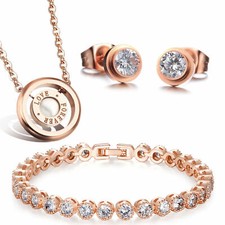 SET GIOIELLI DONNA ACCIAIO INOX ORO ROSA COLLANA TENNIS BRACCIALE ZIRCONI ORECCHINI