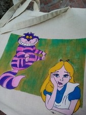 borsa in tela dipinta a mano Alice in wonderland stregatto Shopper handmade 