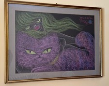 Disegno di gatto di Novella Parigini 74x54 cm. Pastello su cartone nero. Firmato