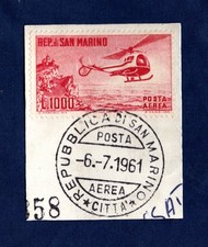 SAN MARINO 1961 POSTA AEREA  ELICOTTERO FRANCOBOLLO OBLITERATO SU FRAMMENTO