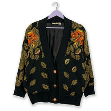 Cardigan Vintage in lana nero con ricami floreali e bottoni - Taglia L/XL donna