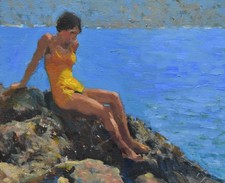 Elegante dipinto ad olio originale Nigel Mason Il bagnante arte impressionista