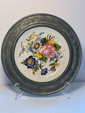 Piatto ceramica Bassano vintage cornice peltro floreale Italia Toscana ceramica 10"