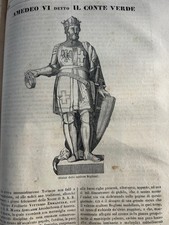 Articolo stampa originale d'epoca incisione xilografi 1843 Amedeo VI Conte Verde