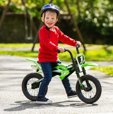 Balance Bike Motocross 12 Pollici Telaio Acciaio Verde con Parafango Peso Max 35kg