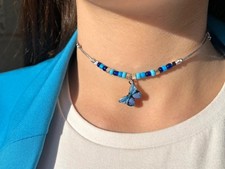 Collana collan choker grigio ciondolo farfalla perline azzurro blu donna ragazza
