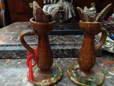 Coppia Antichi Porta Candele In Terracotta Calabrese