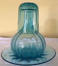 Antico Set Comodino Acqua Notte Bottiglia Bicchiere Piattino Vetro Azzurro