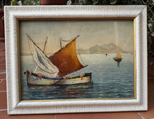 DIPINTO AD OLIO - PAESAGGIO DI MARE - BARCHE - FIRMATO - CORNICE IN LEGNO - '900
